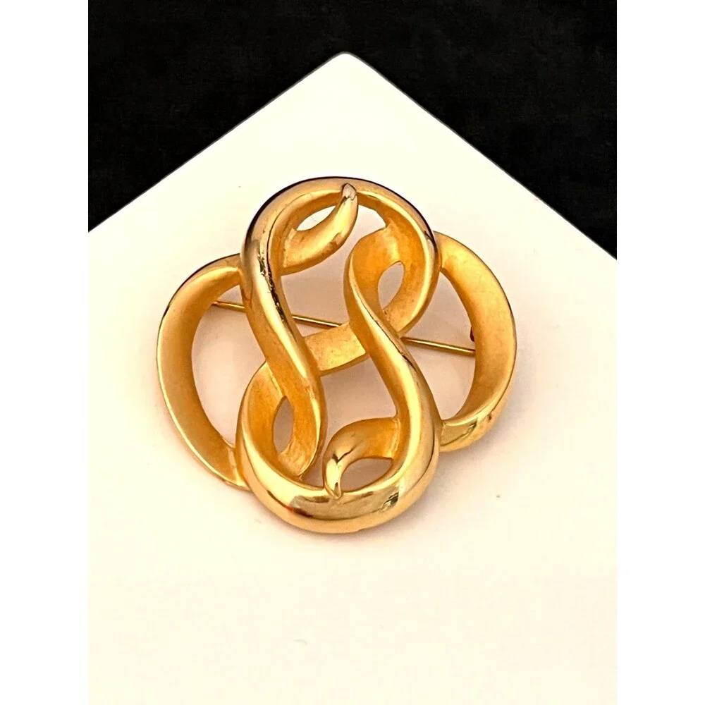 Vintage 1980s Erwin Pearl Brooch Abstract Scroll Modernist Gold Tone - 1I